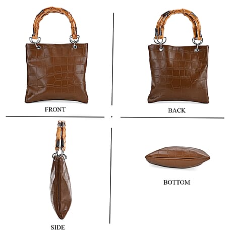 Leatherette Croc Pattern Crossbody Bag with Handle Drop - Coffee