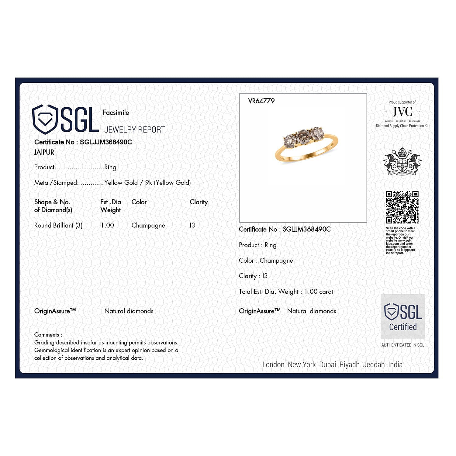 Argyle Diamond Closeout - 9K Yellow Gold SGL Certified Natural Champagne Diamond 3 Stone Ring 1.00 Ct.