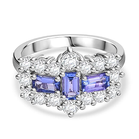 Tanzanite & White Zircon Cluster Ring in Rhodium Overlay Sterling Silver 2.84 Ct.
