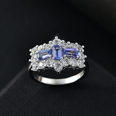 Tanzanite & White Zircon Cluster Ring in Rhodium Overlay Sterling Silver 2.84 Ct.