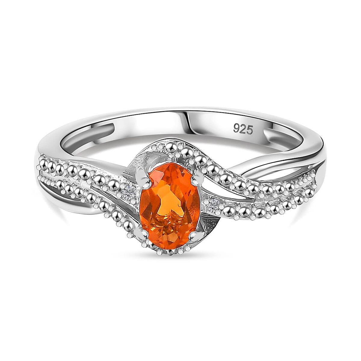 Fire Opal & White Zircon Ring in Platinum Overlay Sterling Silver