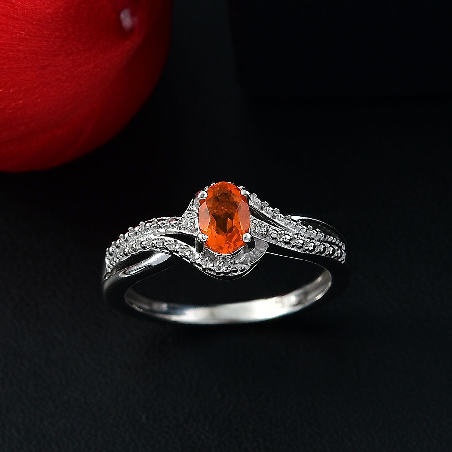 Fire Opal & White Zircon Ring in Platinum Overlay Sterling Silver