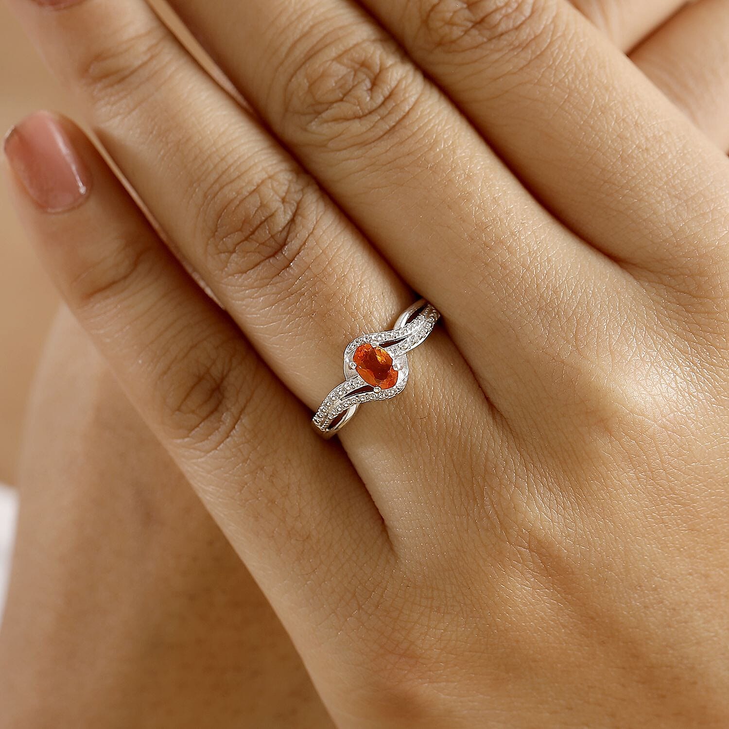 Fire Opal & White Zircon Ring in Platinum Overlay Sterling Silver