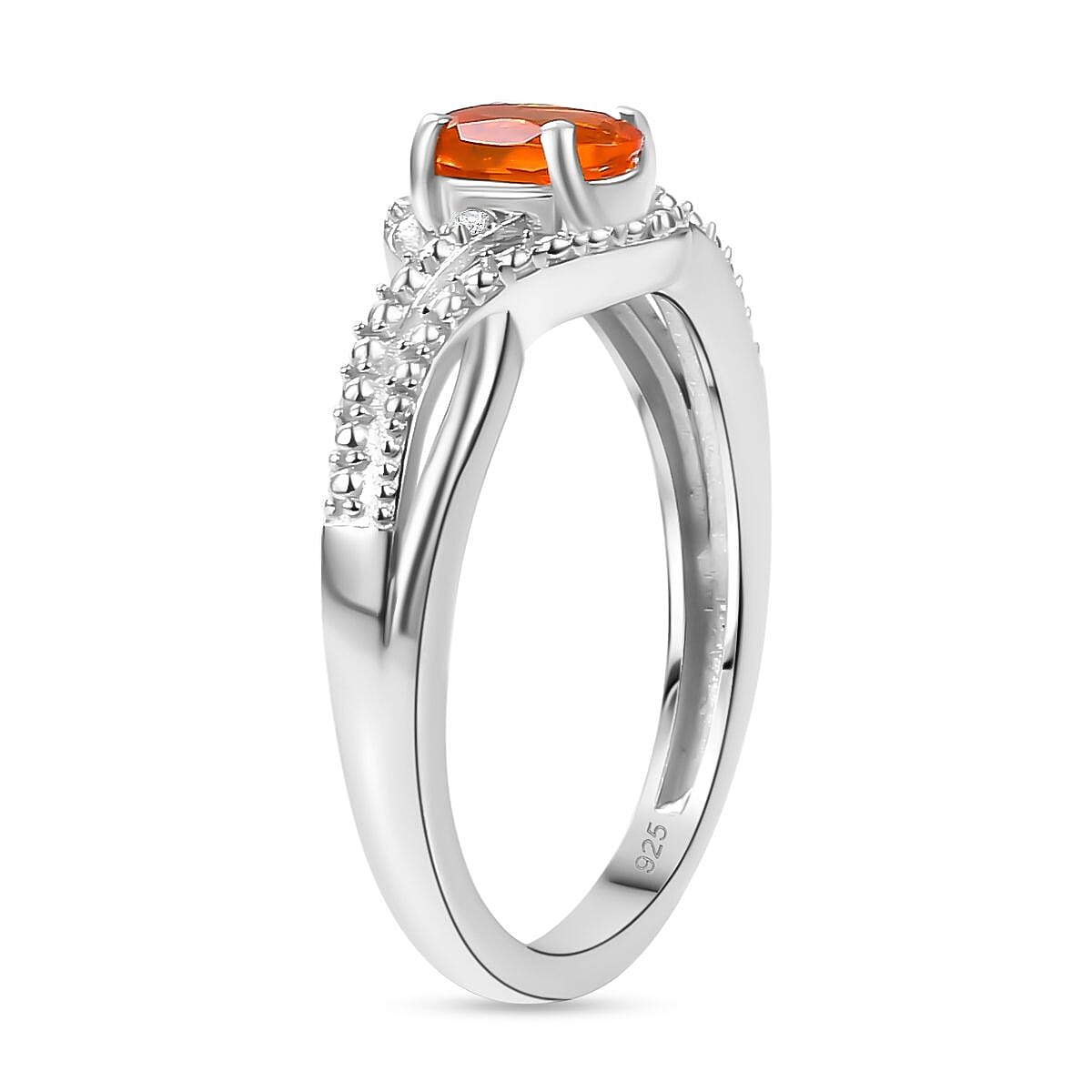 Fire Opal & White Zircon Ring in Platinum Overlay Sterling Silver
