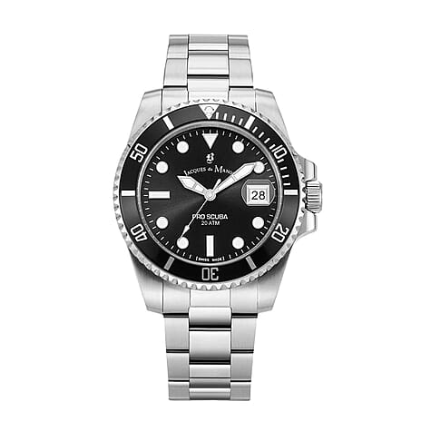 Jaques De Manoir Pro Scuba 43 Swiss Movt. 20ATM WR Black Dial Mens Watch with Silver Colour Stainless Steel Strap