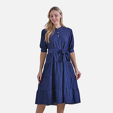 & Maisi Elegant Midi Dress with Mandarin Collar, Puff Sleeves & Waist Tie (Size S) - Dark Blue