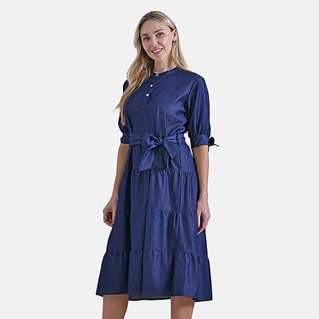 & Maisi Elegant Midi Dress with Mandarin Collar, Puff Sleeves & Waist Tie (Size S) - Dark Blue