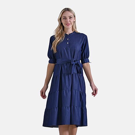 & Maisi Elegant Midi Dress with Mandarin Collar, Puff Sleeves & Waist Tie (Size S) - Dark Blue