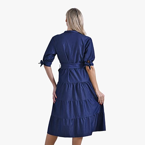 La Marey Elegant Midi Dress with Mandarin Collar, Puff Sleeves - Waist Tie (Size M) - Dark Blue