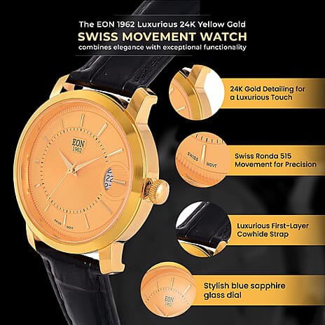 EON 1962 - Luxurious 24K Yellow Gold Swiss Movement 5 ATM Water Resistent Watch (39mm)