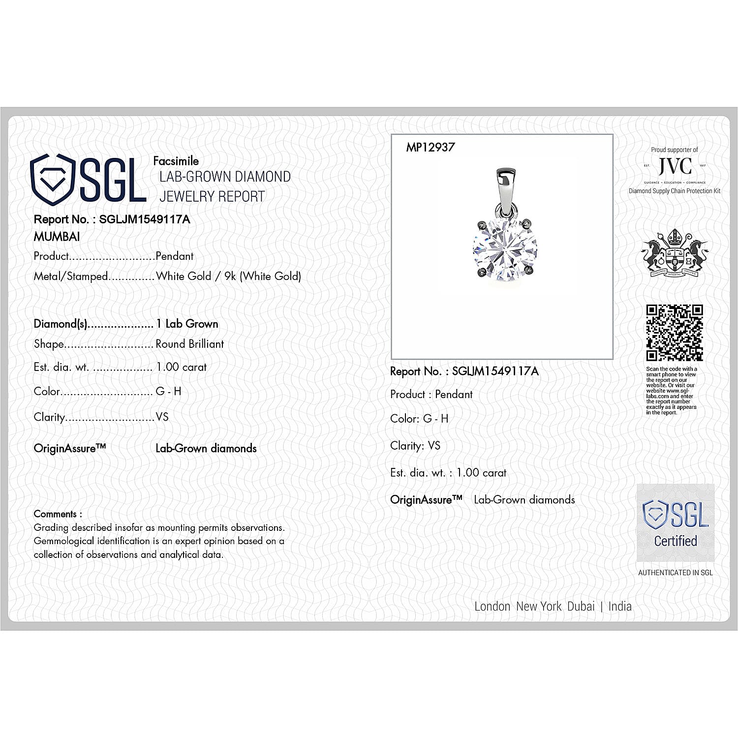 Luxuriant Diamond - 9K White Gold SGL Certified (SI-G-H) Lab Grown Diamond Pendant 1.00 Ct. Luxuriant Diamond - 9K White Gold SGL Certified (SI-G-H) Lab Grown Diamond Pendant 1.00 Ct.