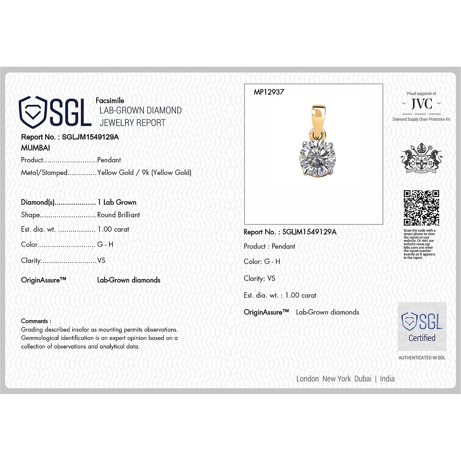 Luxuriant - 9K Yellow Gold SGL Certified (VS-GH) Lab Grown Diamond Pendant 1.00 Ct.