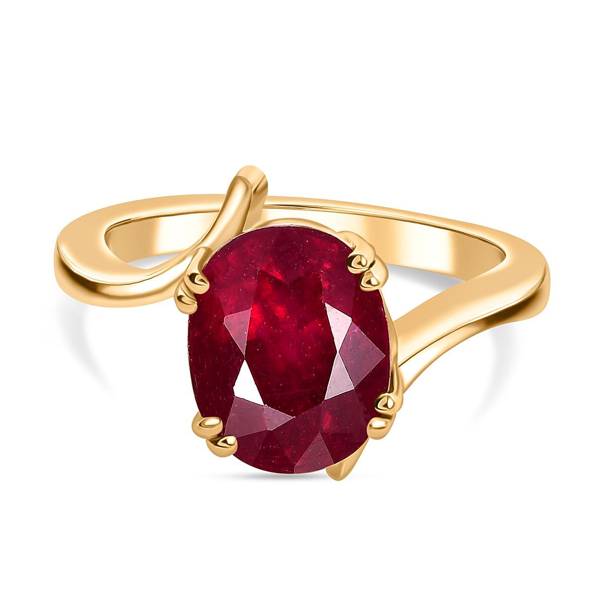 African Ruby Solitaire Ring in 18K Vermeil Yellow Gold Plated Sterling Silver 4.34 Ct.