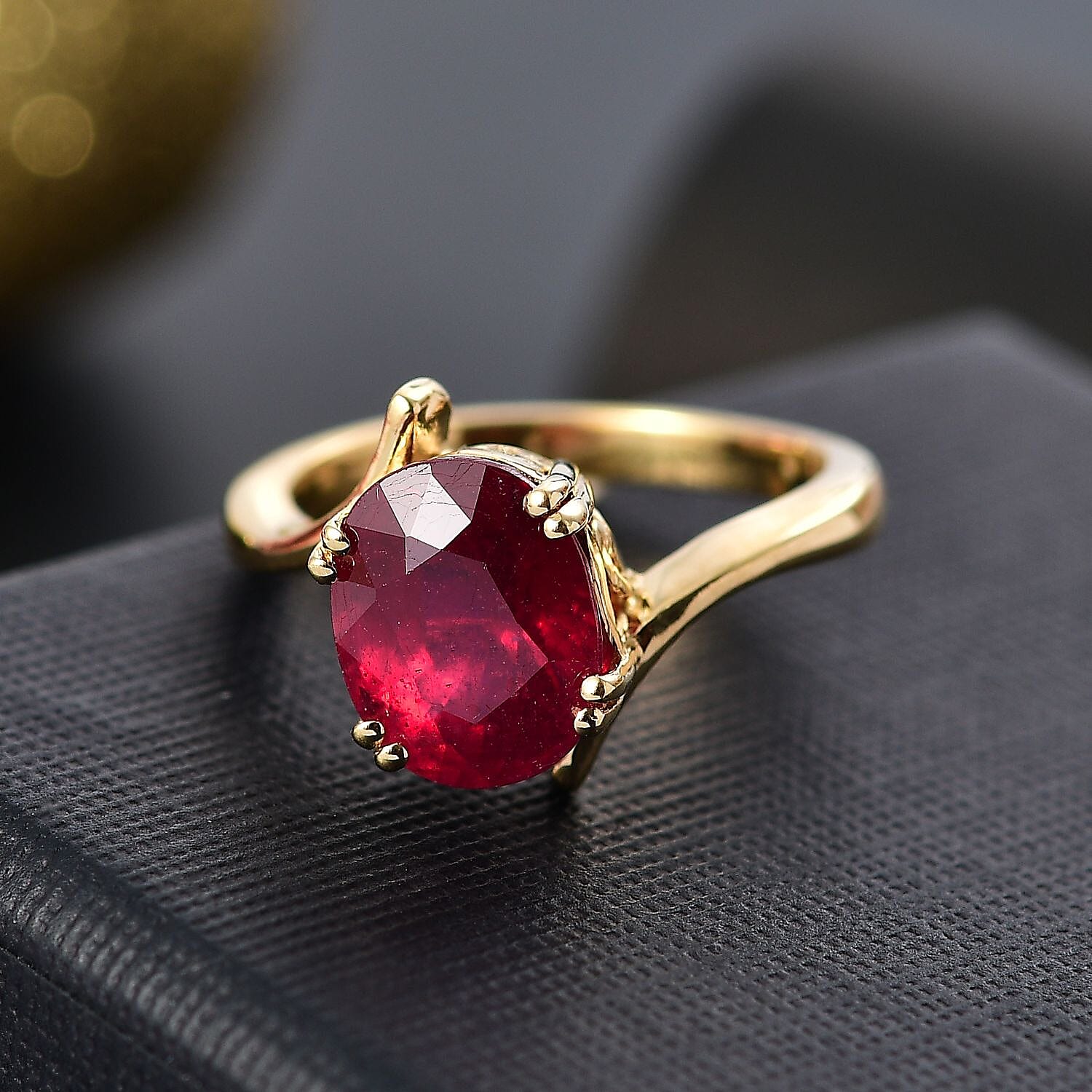 African Ruby Solitaire Ring in 18K Vermeil Yellow Gold Plated Sterling Silver 4.34 Ct.
