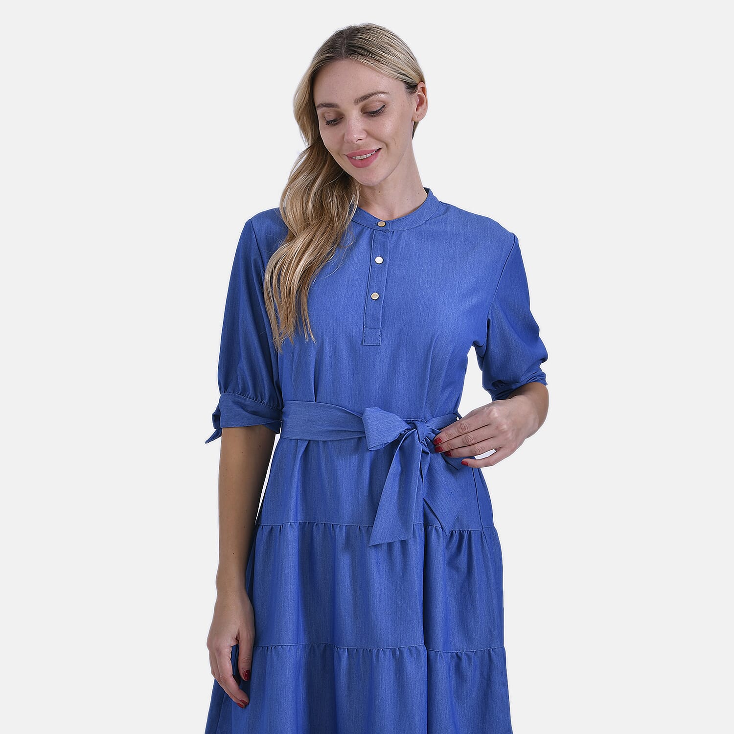 - Maisi Tiered Midi Dress with Half Puff Sleeves (Size L) - Blue