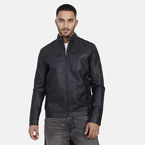 Brave Soul Mens Leatherette Collar Tab Jacket (Size L) - Black