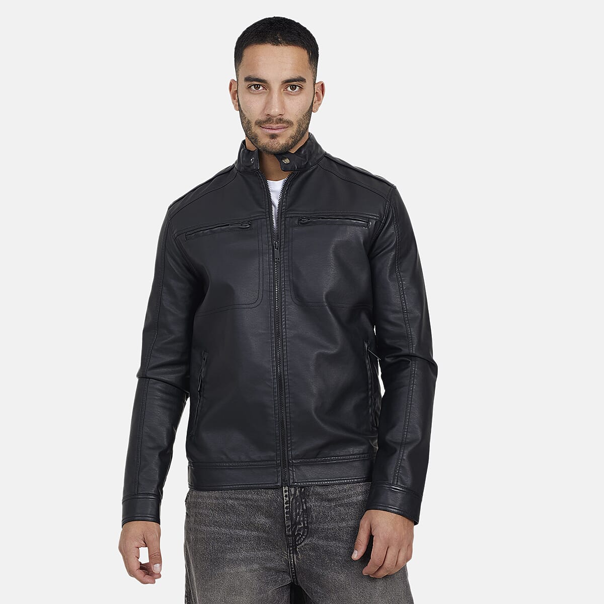 Brave-Soul-Mens-Leatherette-Collar-Tab-Jacket-Size-S-Black