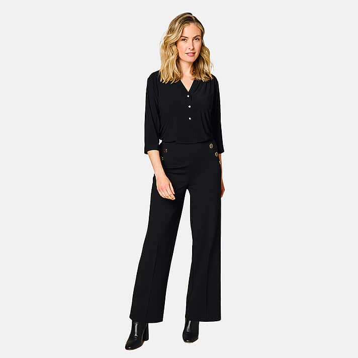 EMRECO Button Detail Ponte Wide Leg Trouser - Black
