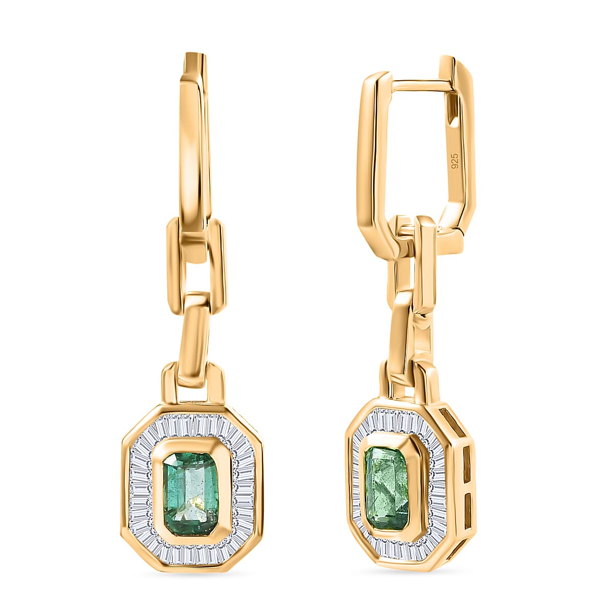 RACHEL GALLEY Premium Emerald & White Diamond Dangling Earring with Hoop in 18K Vermeil Yellow Gold Plated Sterling Silver 1.53 Ct.