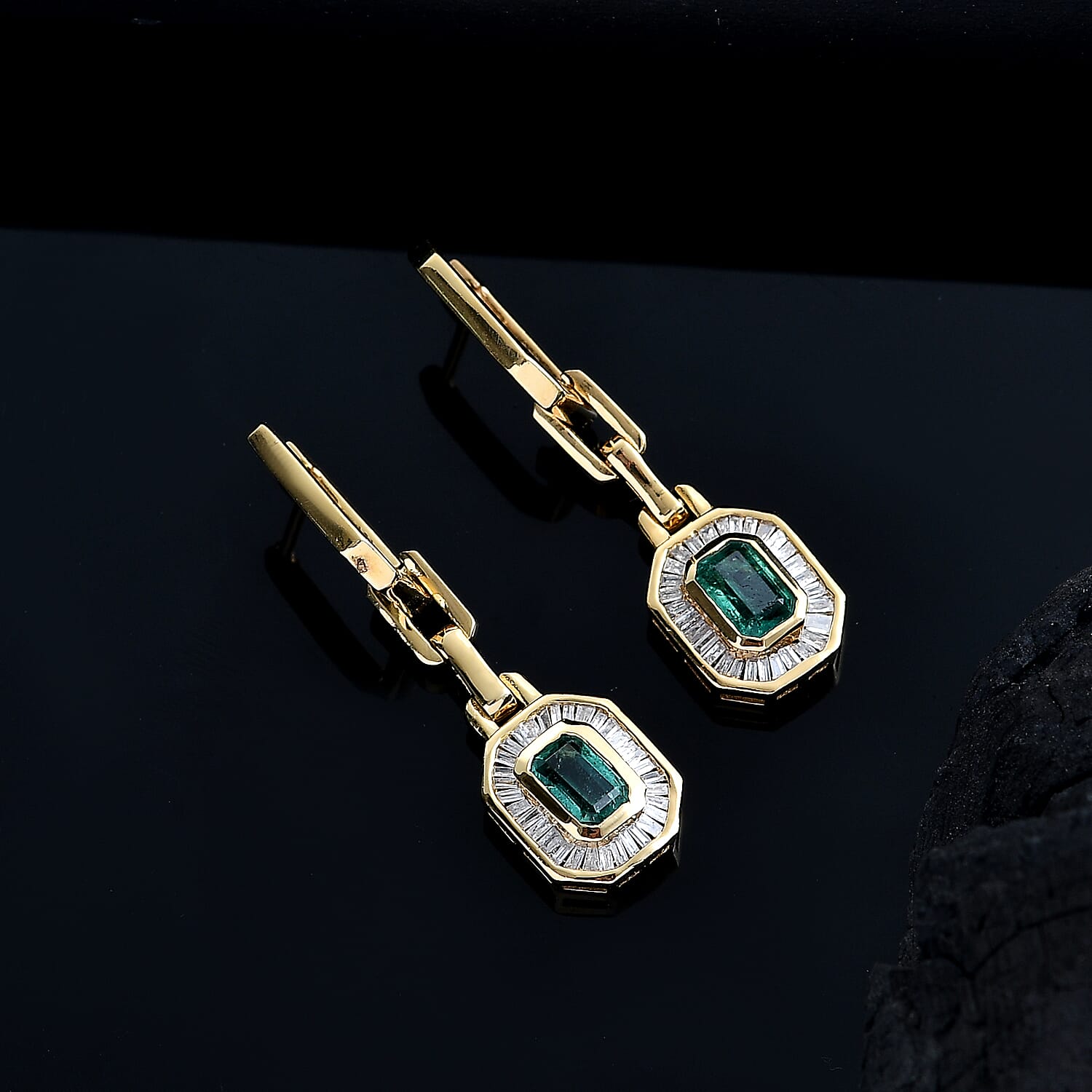 RACHEL GALLEY Premium Emerald & White Diamond Dangling Earring with Hoop in 18K Vermeil Yellow Gold Plated Sterling Silver 1.53 Ct.