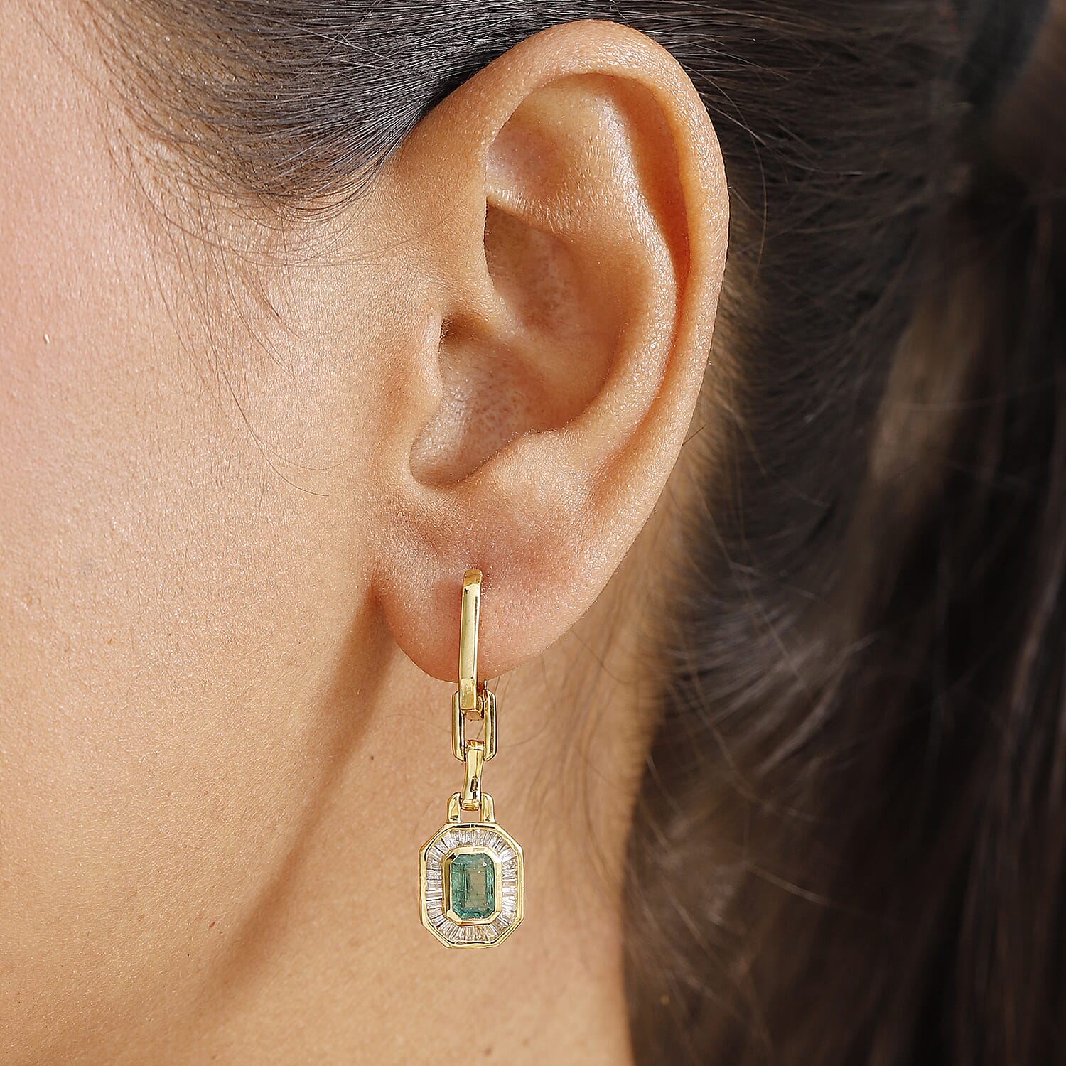 RACHEL GALLEY Premium Emerald & White Diamond Dangling Earring with Hoop in 18K Vermeil Yellow Gold Plated Sterling Silver 1.53 Ct.