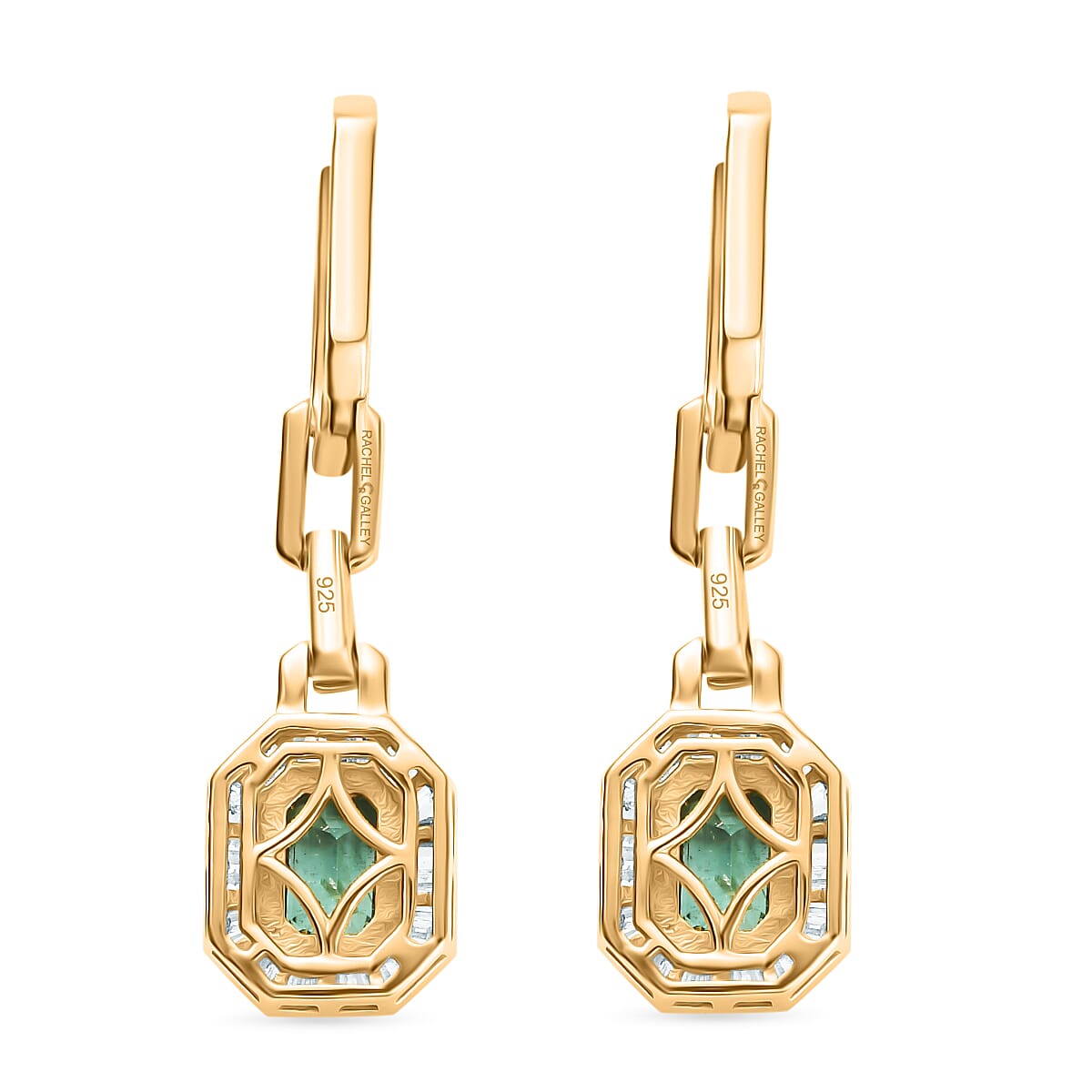 RACHEL GALLEY Premium Emerald & White Diamond Dangling Earring with Hoop in 18K Vermeil Yellow Gold Plated Sterling Silver 1.53 Ct.
