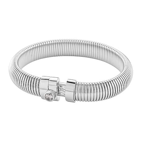 White Crystal Bangle (Size 7) with Screw Pin Clasp in Silver Colour Tone