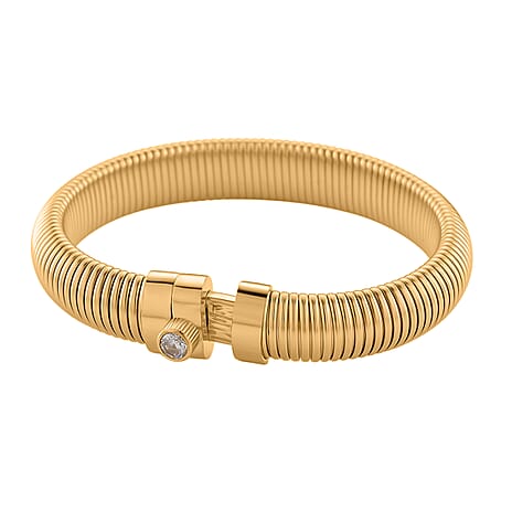 White Crystal Bangle (Size 7) with Screw Pin Clasp in Yellow Gold Colour Tone