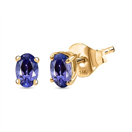 14K Yellow Gold AA Tanzanite Solitaire Stud Earrings, 1 Ct