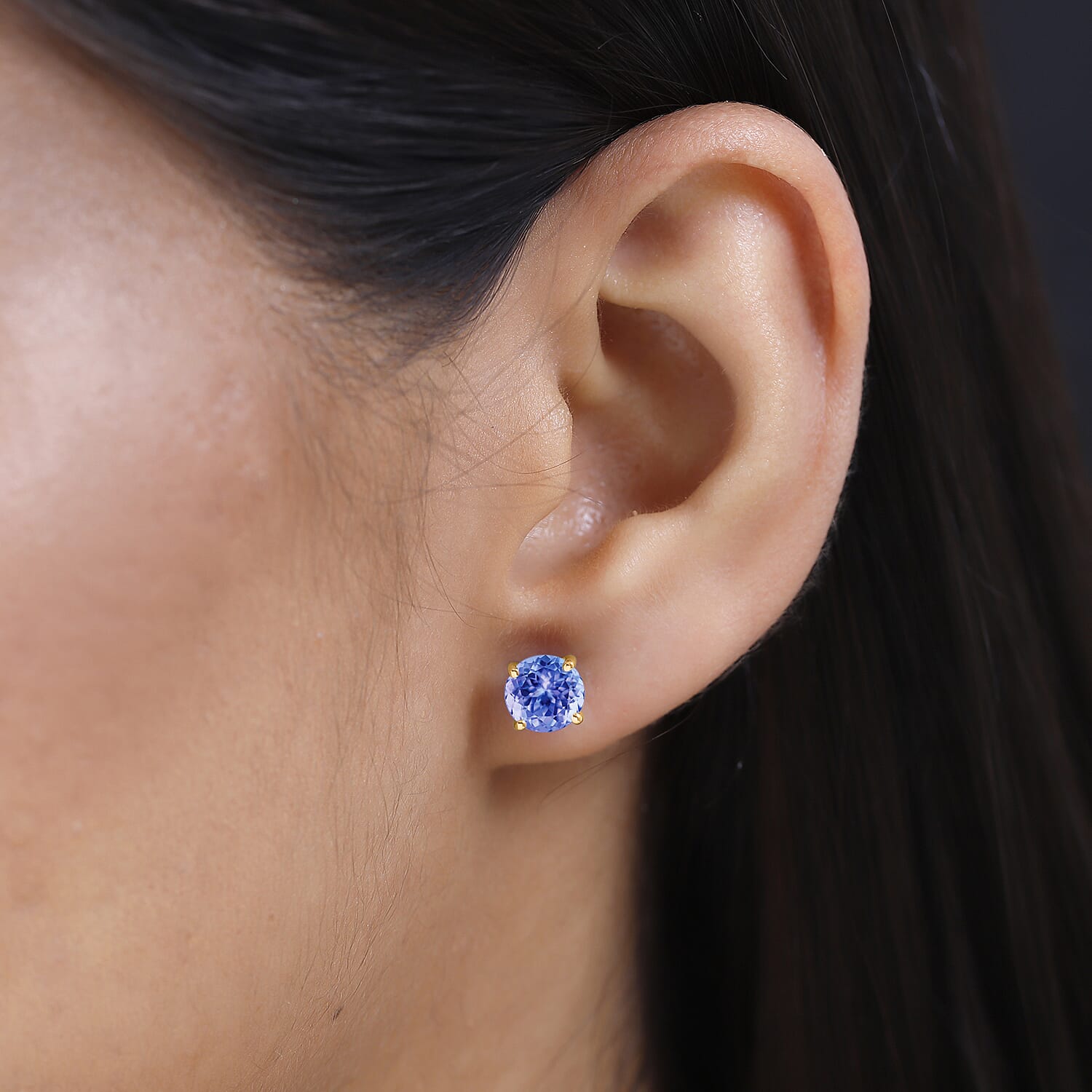 Tanzanite  Solitaire Stud Push Post Earring in Vermeil YG Sterling Silver 2.90 ct  2.900  Ct.