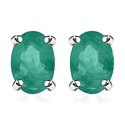 Zambian Emerald Solitaire Stud Push Post Earring in Platinum Overlay Sterling Silver 0.92 ct 0.920 Ct.