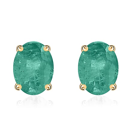 14K Yellow Gold Zambian Emerald Solitaire Stud Push Post Earrings 1.60 ct.