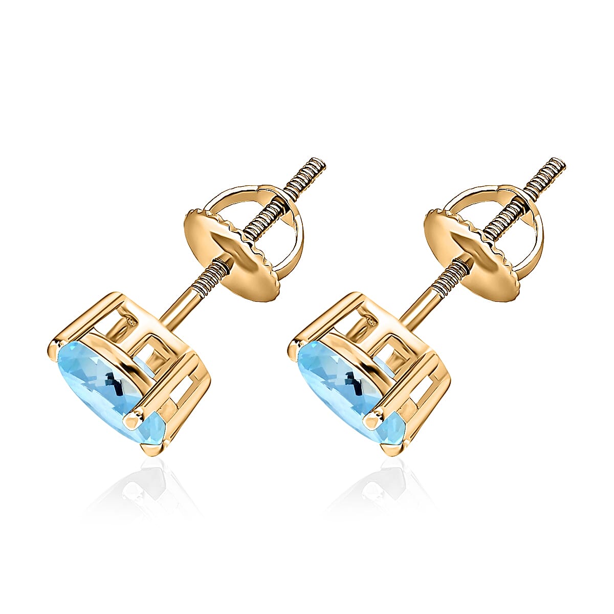 Aquamarine Solitaire Stud Earrings with Push Back in 18K Vermeil Yellow Gold Plated Sterling Silver 1.29 Ct.
