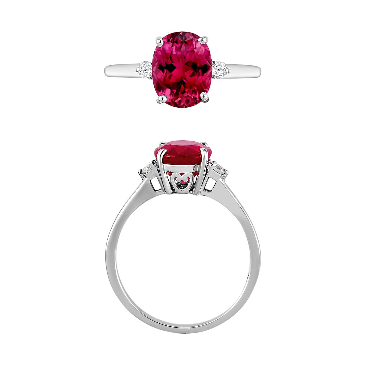 18K W Gold  AAA   Rubellite ,  White Diamond  SI Main Stone With Side Stone Ring 2.50 ct,  Gold Wt. 5.5 Gms  2.500  Ct.