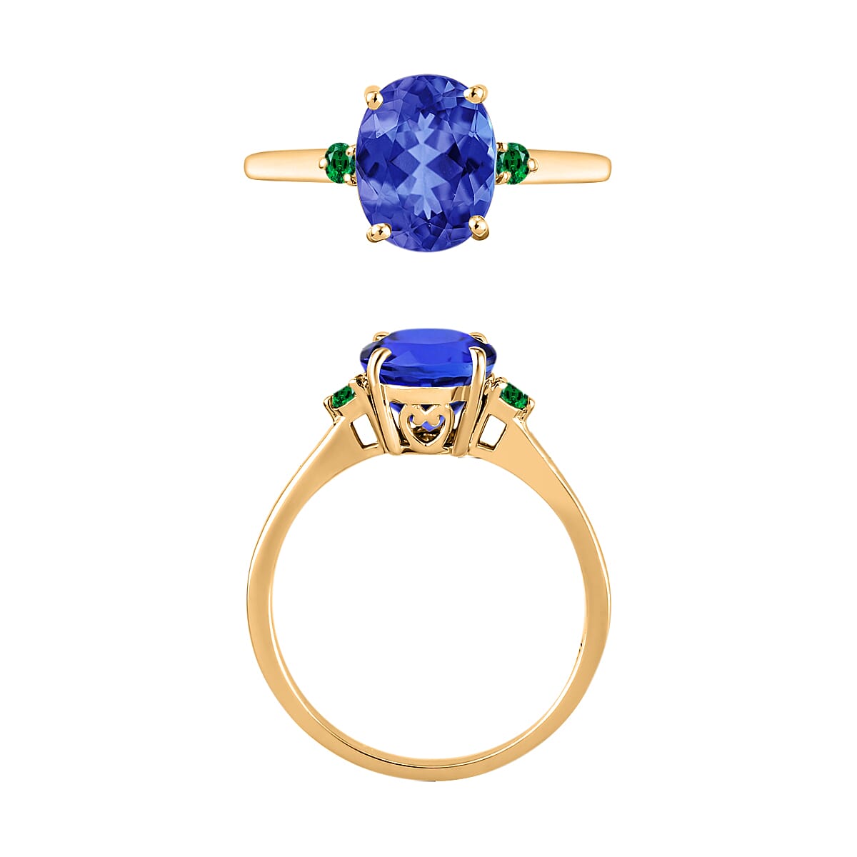 AAA Tanzanite , Colombian Emerald Main Stone With Side Stone Ring in 18K Gold