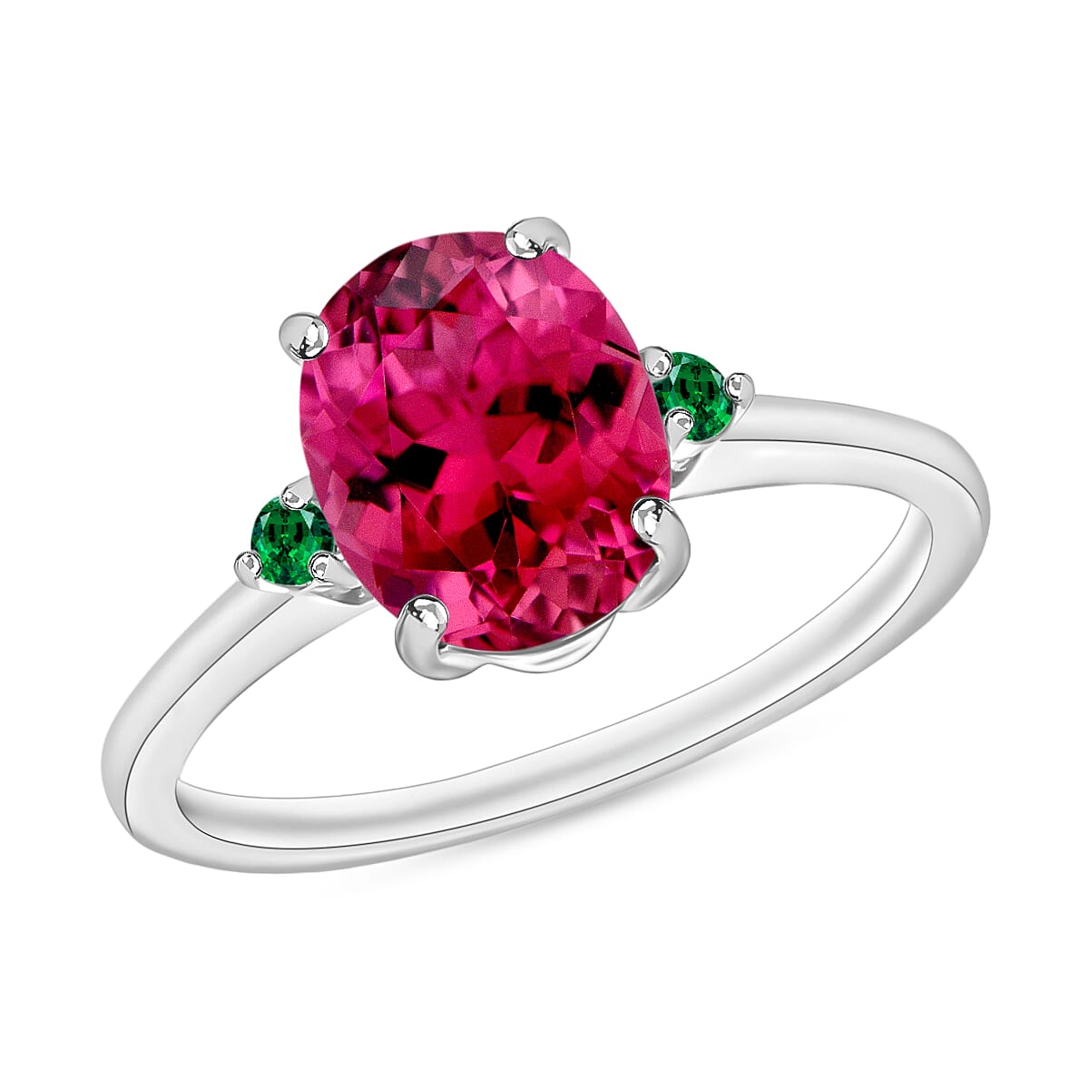 14K W Gold  AA   Rubellite ,  Colombian Emerald  Main Stone With Side Stone Ring 2.50 ct,  Gold Wt. 4 Gms  2.500  Ct.