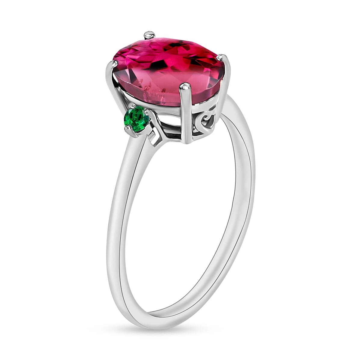 14K W Gold  AA   Rubellite ,  Colombian Emerald  Main Stone With Side Stone Ring 2.50 ct,  Gold Wt. 4 Gms  2.500  Ct.