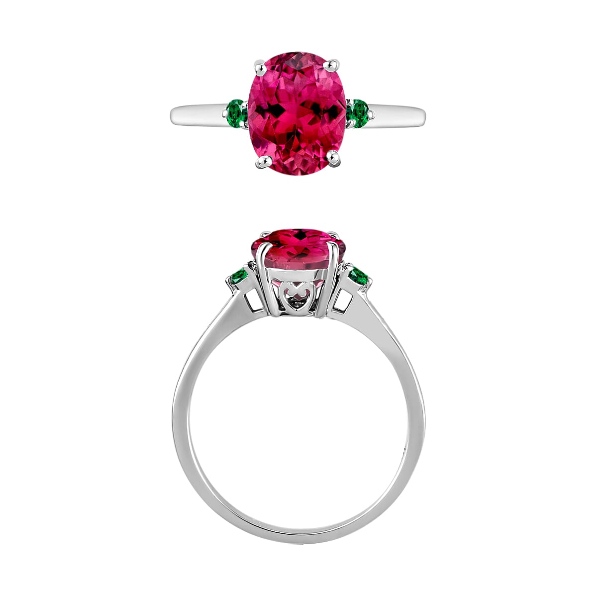 14K W Gold  AA   Rubellite ,  Colombian Emerald  Main Stone With Side Stone Ring 2.50 ct,  Gold Wt. 4 Gms  2.500  Ct.