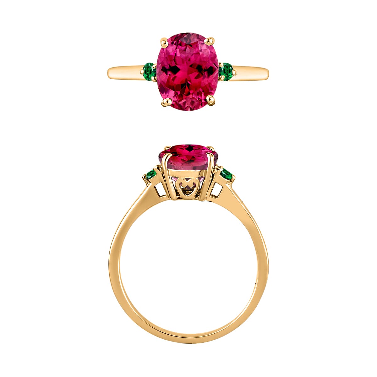 14K Yellow Gold  AA   Rubellite ,  Colombian Emerald  Main Stone With Side Stone Ring 2.50 ct,  Gold Wt. 4 Gms  2.500  Ct.