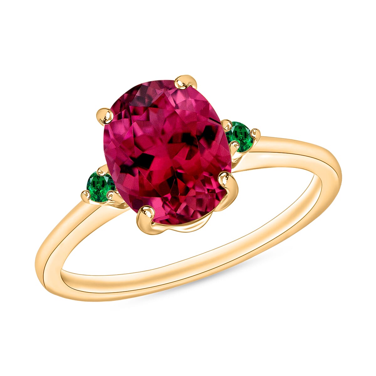 18K Yellow Gold  AAA   Rubellite ,  Colombian Emerald  Main Stone With Side Stone Ring 2.50 ct,  Gold Wt. 5.5 Gms  2.500  Ct.