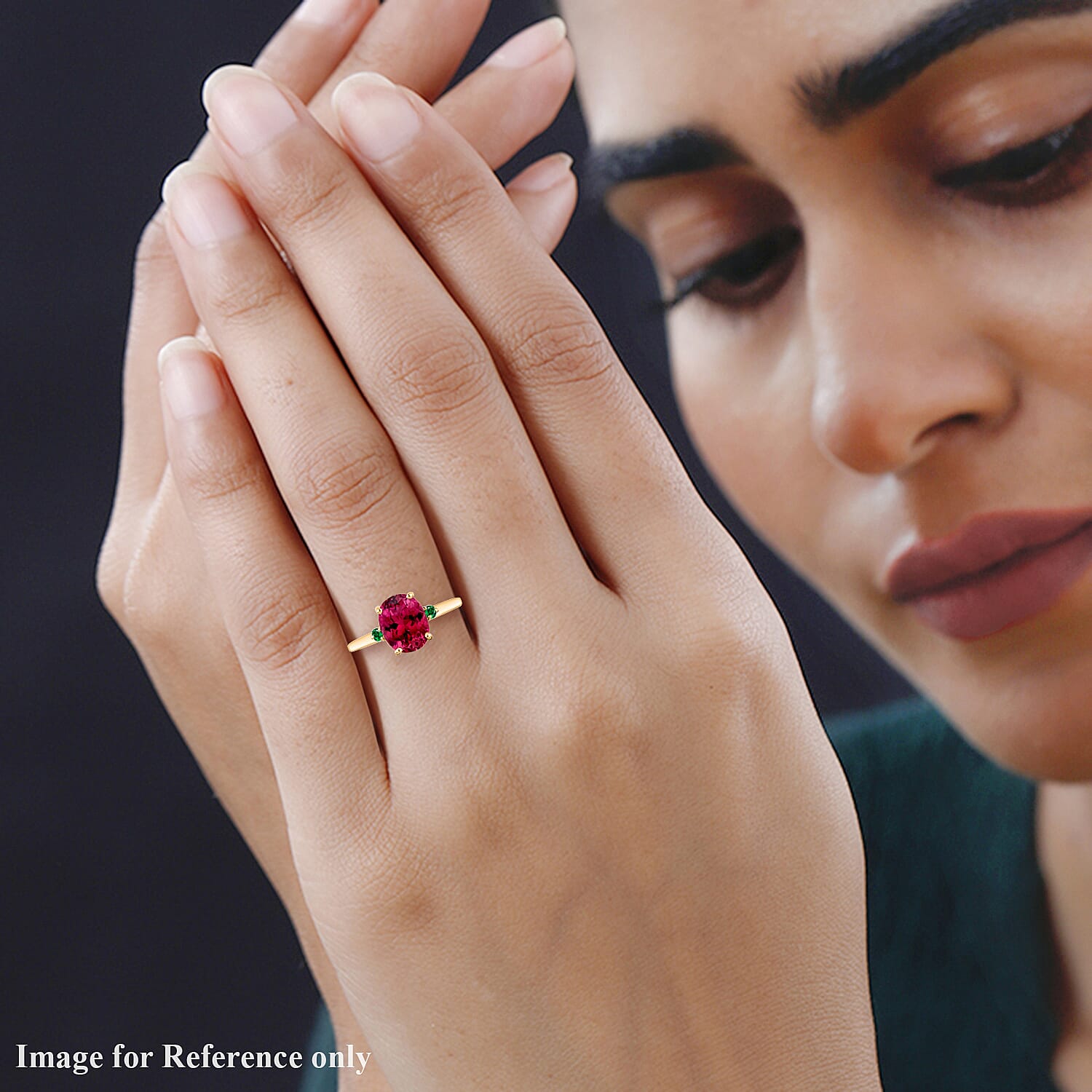 18K Yellow Gold  AAA   Rubellite ,  Colombian Emerald  Main Stone With Side Stone Ring 2.50 ct,  Gold Wt. 5.5 Gms  2.500  Ct.