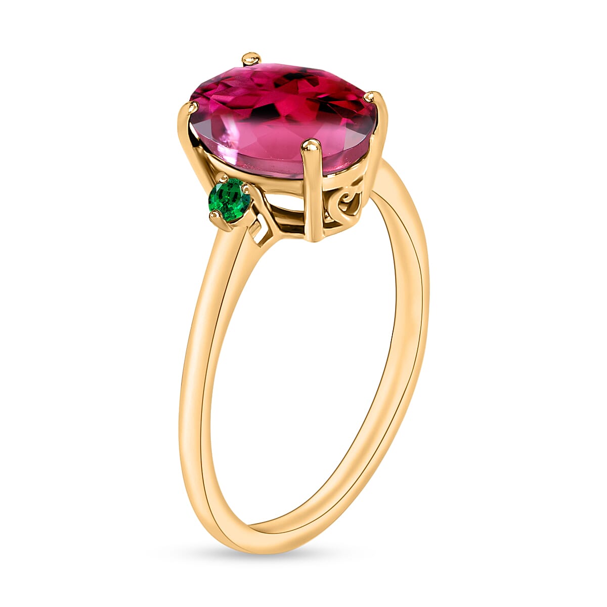 18K Yellow Gold  AAA   Rubellite ,  Colombian Emerald  Main Stone With Side Stone Ring 2.50 ct,  Gold Wt. 5.5 Gms  2.500  Ct.