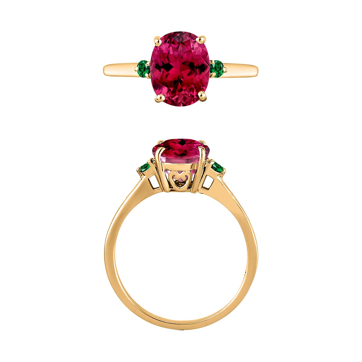 18K Yellow Gold  AAA   Rubellite ,  Colombian Emerald  Main Stone With Side Stone Ring 2.50 ct,  Gold Wt. 5.5 Gms  2.500  Ct.