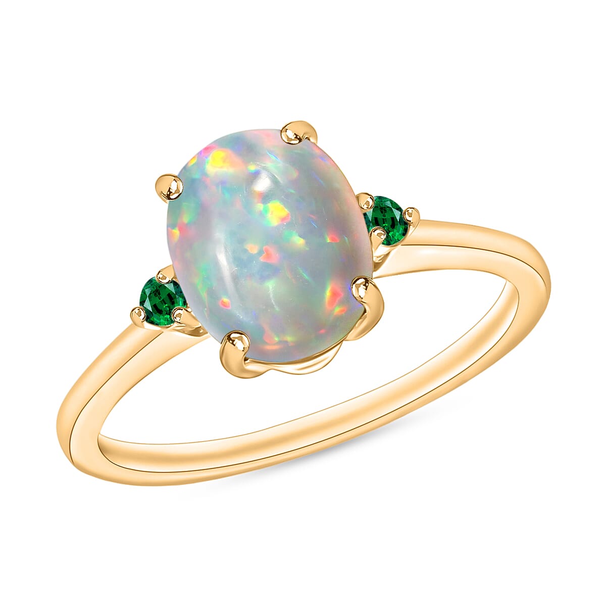 14K Yellow Gold  AA   Ethiopian Opal ,  Colombian Emerald  Main Stone With Side Stone Ring 1.30 ct,  Gold Wt. 4 Gms  1.300  Ct.