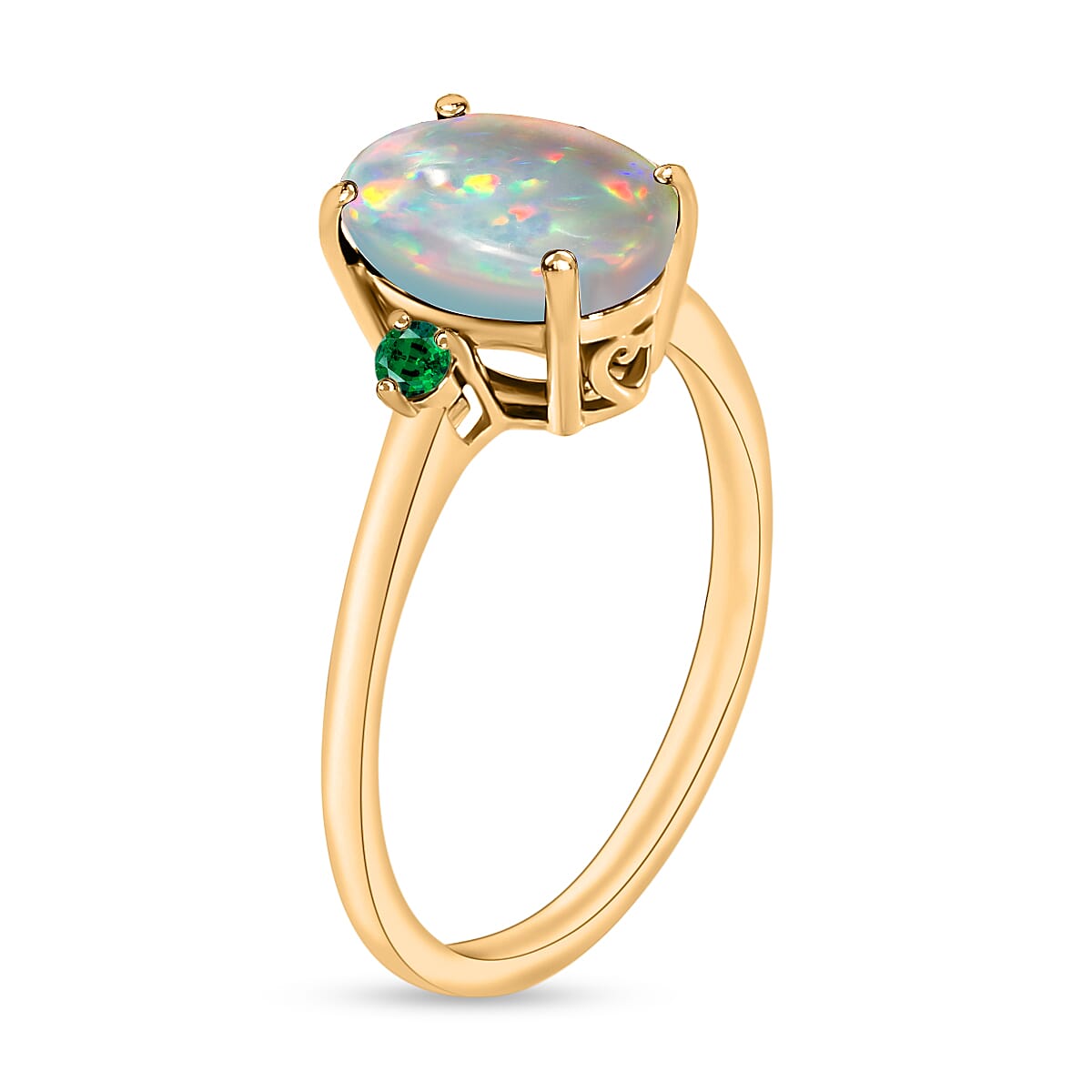 14K Yellow Gold  AA   Ethiopian Opal ,  Colombian Emerald  Main Stone With Side Stone Ring 1.30 ct,  Gold Wt. 4 Gms  1.300  Ct.