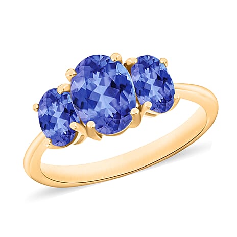 14K Yellow Gold AA Tanzanite 3 Stone Ring 2.35 Ct