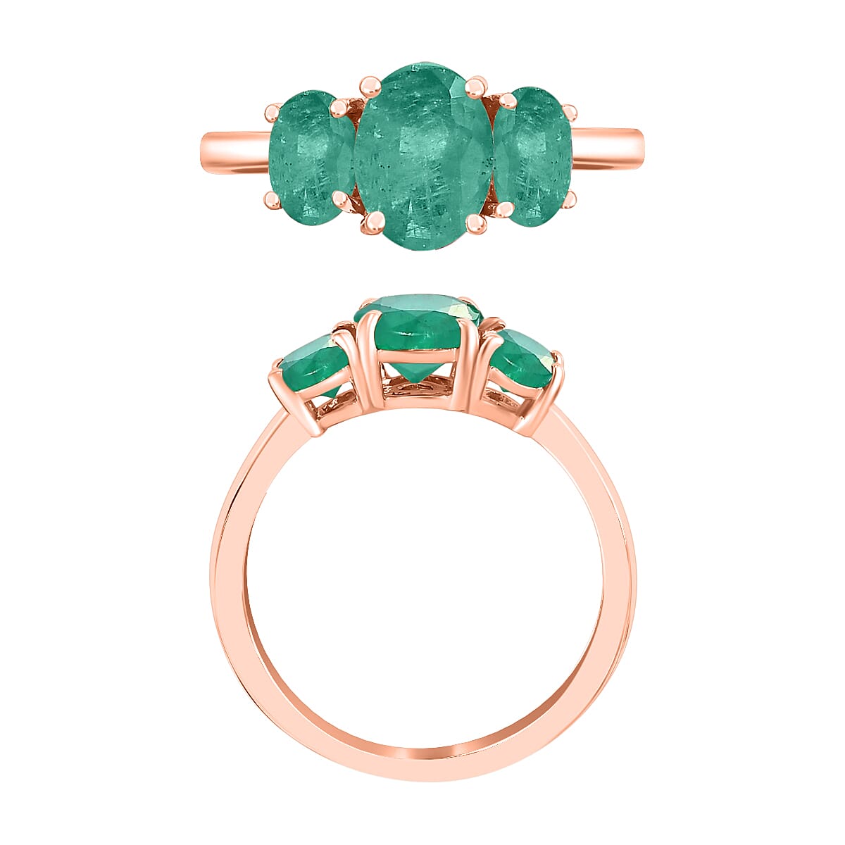 14K Rose Gold   Zambian Emerald  3 Stone Ring 2.20 ct,  Gold Wt. 4 Gms  2.200  Ct.
