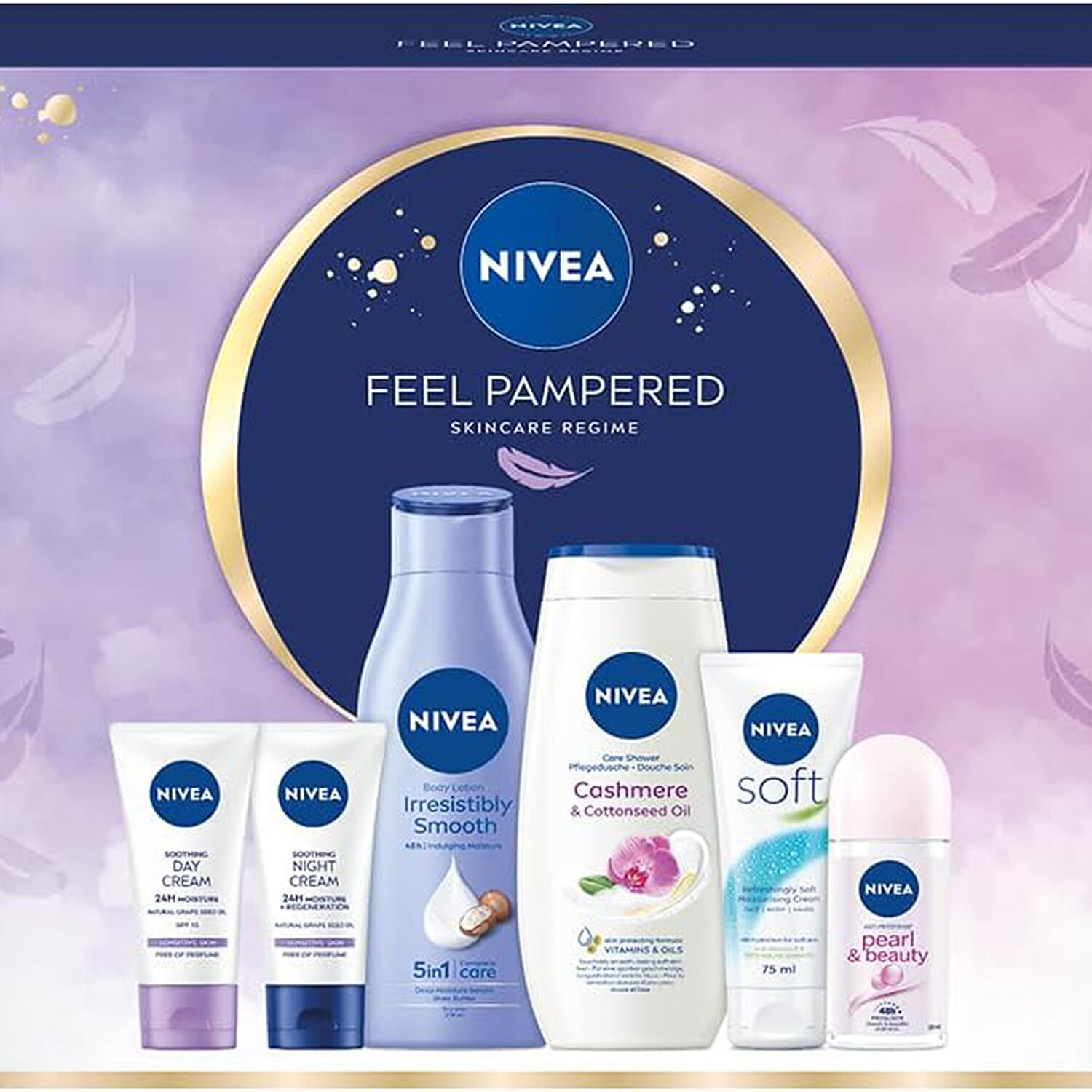 NIVEA Womens Feel Pampered Skincare Regime Gift Set (Incl Shower Cream, Anti-Perspirant, Body Lotion, Moisturising Day and Night Cream)