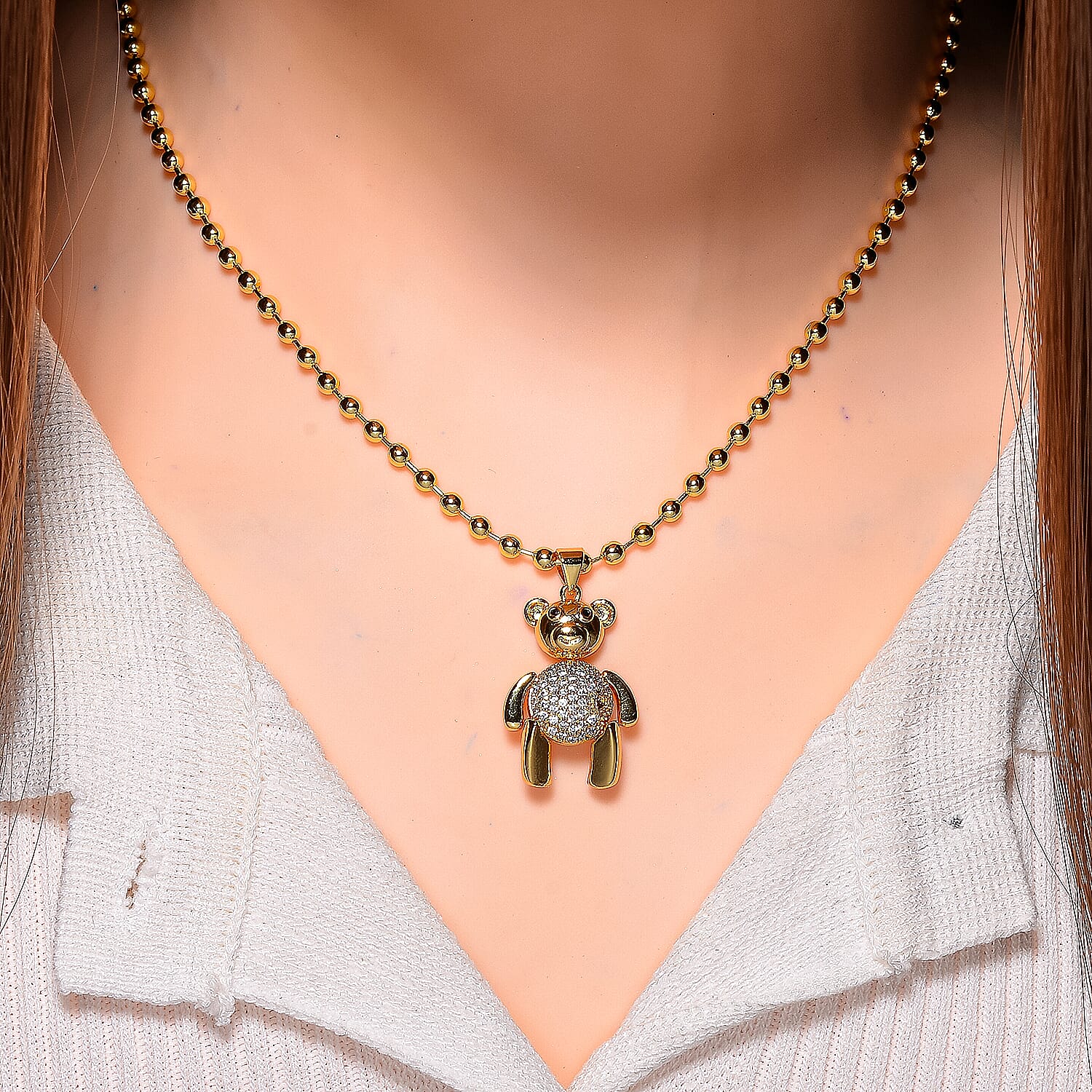 White Cubic Zirconia Necklace with Pendant (Size - 18-2) in Yellow Gold Tone