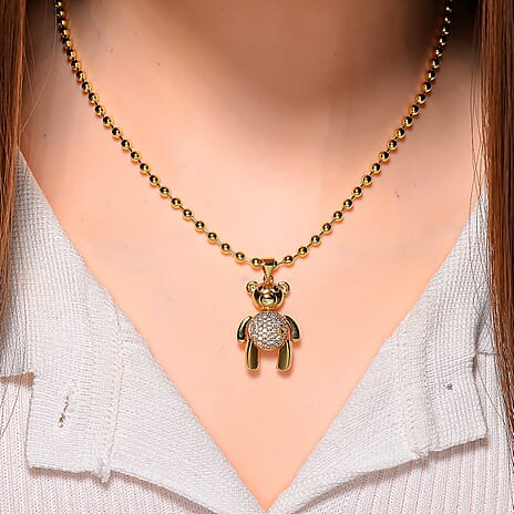 White Cubic Zirconia Necklace with Pendant (Size - 18-2) in Yellow Gold Tone